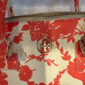 Tory Burch Orange and Cream Satchel with Floral Design - statement purse